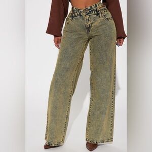 Fashion Nova High Rise Blue and Tan Jeans